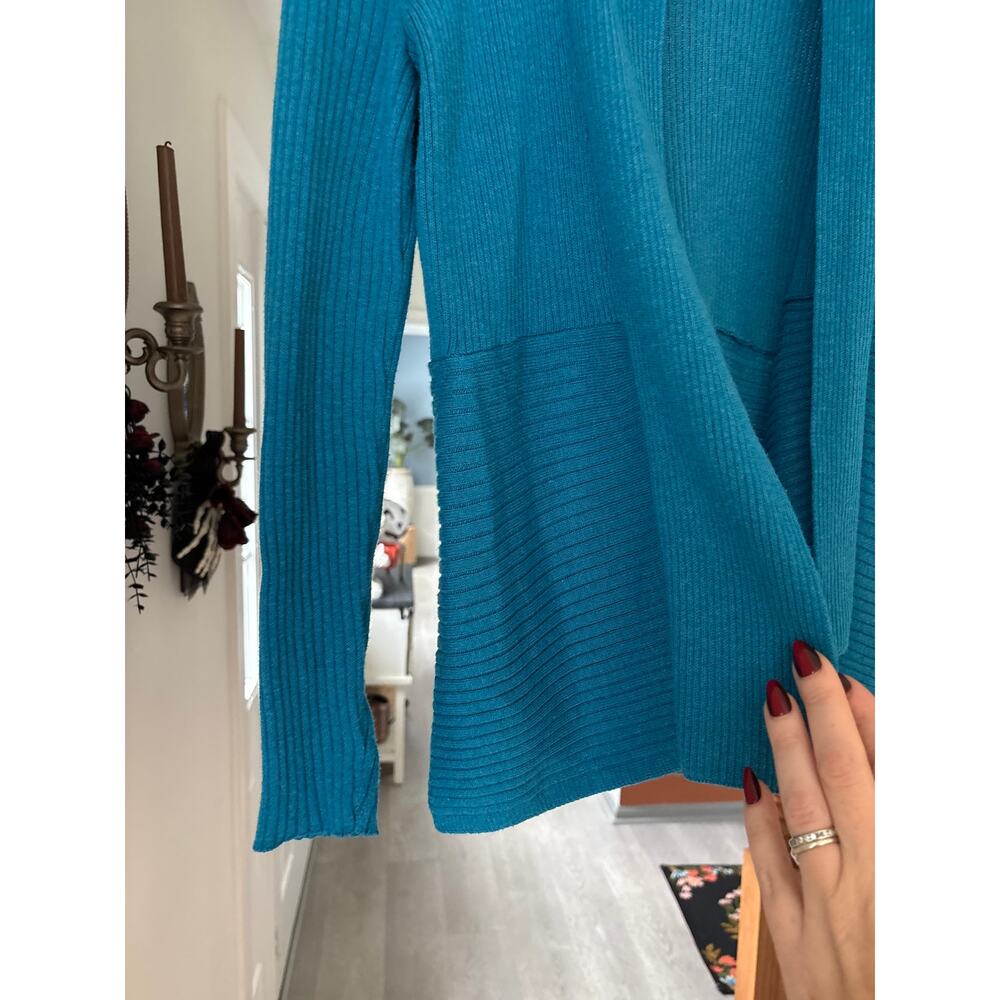 Eileen Fisher Blue Organic Cotton Ribbed Cardigan Sweater XS Petite Open Front - Picture 4 of 7